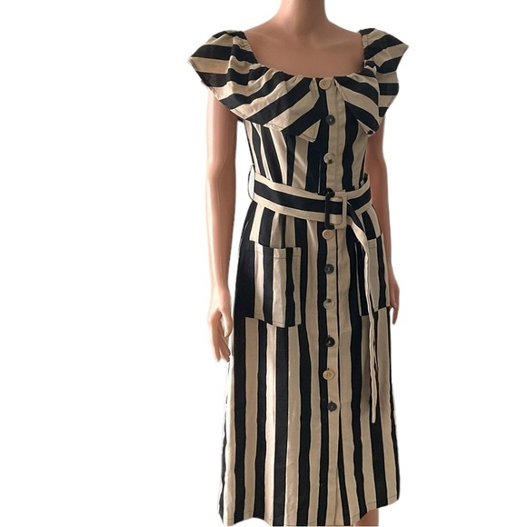 Moon River Black Tan Stripe Linen Cotton off the shoulder Dress Pockets SZ M - Picture 7 of 11